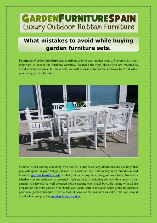 What mistakes to avoid while buying garden furniture sets. Summary:
