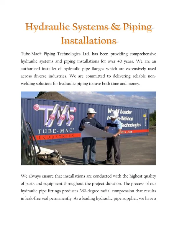Hydraulic Systems & Piping Installations