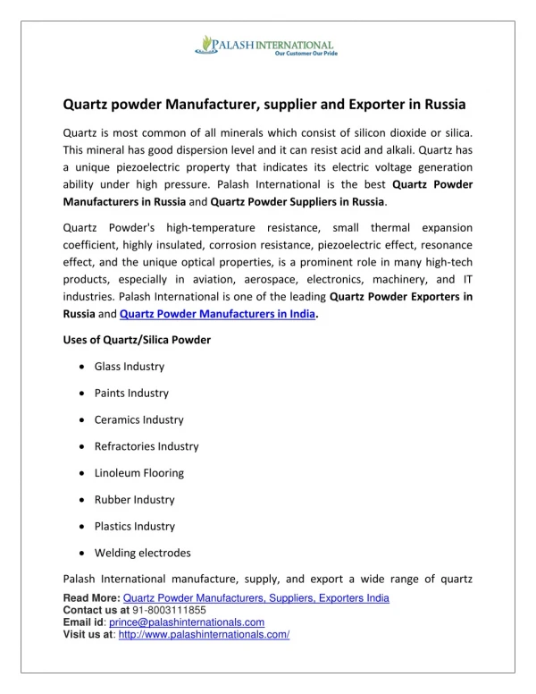 Quartz powder Manufacturer, supplier and Exporter in Russia