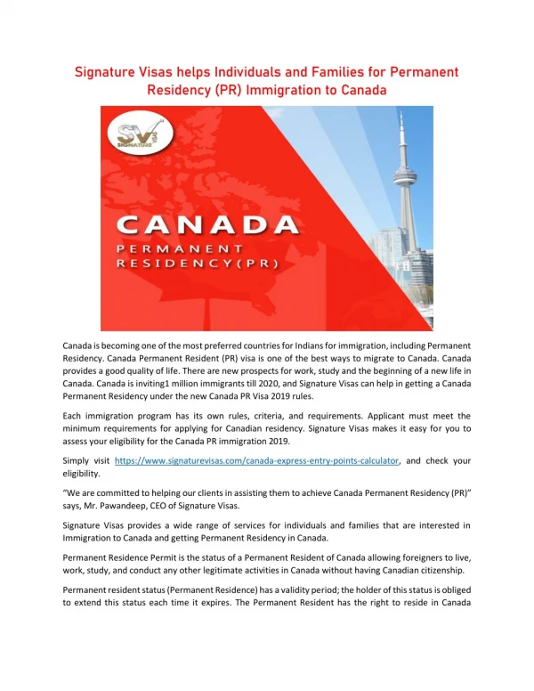 Signature Visas helps Individuals and Families for Canada PR
