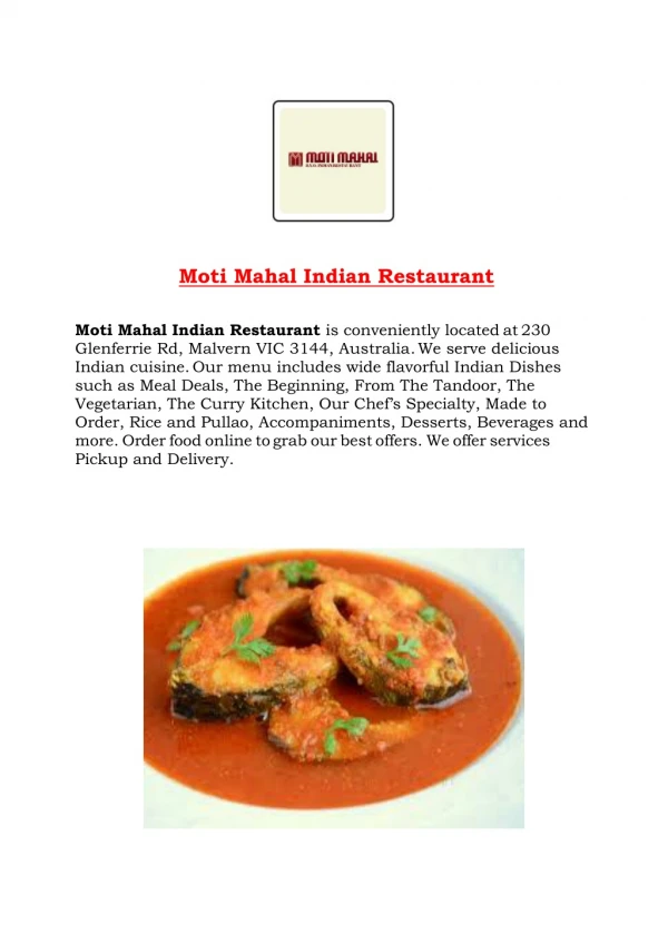 15% Off - Moti Mahal Indian Restaurant-Malvern - Order Food Online