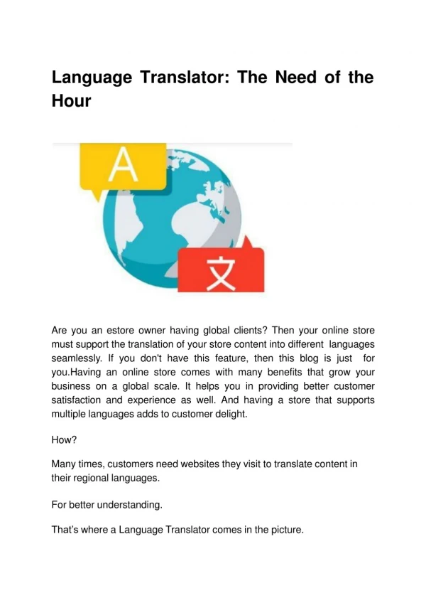 Language Translator: The Need of the Hour