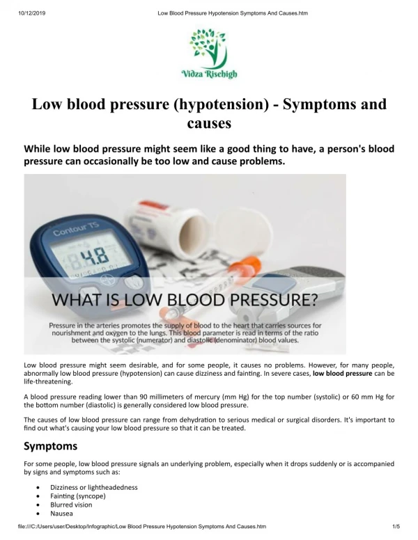 Low Blood Pressure Hypotension Treatment, Symptoms And Causes