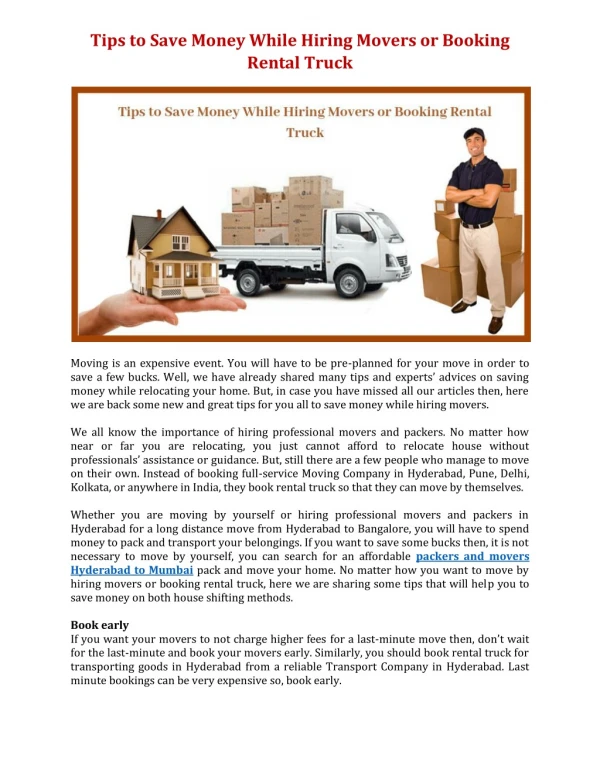 Tips to Save Money While Hiring Movers or Booking Rental Truck