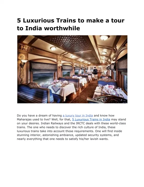 5 Luxurious Trains to make a tour to India worthwhile