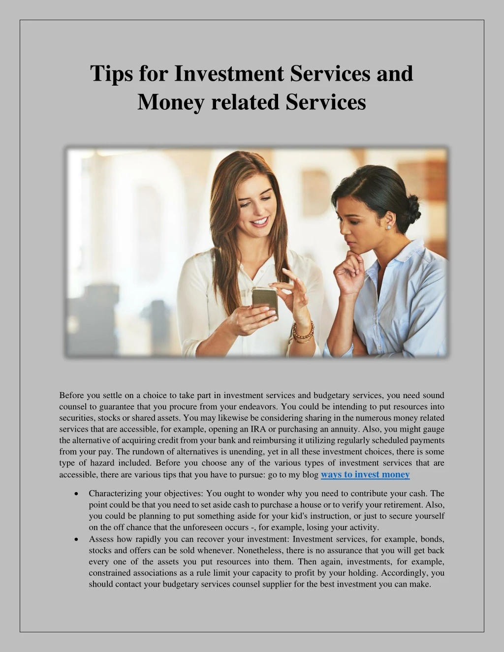 tips for investment services and money related