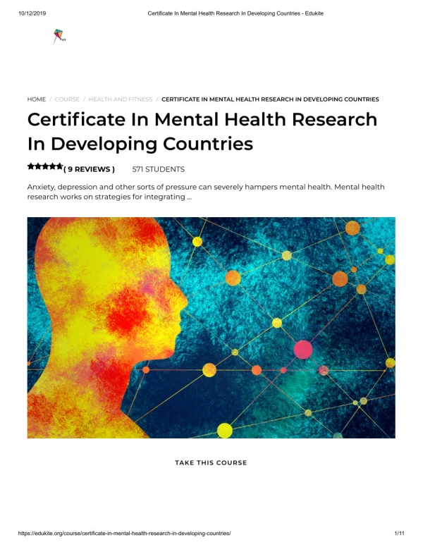 Certificate In Mental Health Research In Developing Countries - Edukite