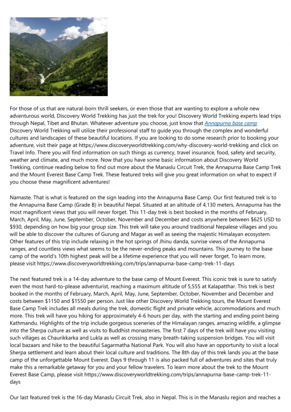 DISCOVERY WORLD TREKKING – MANASLU CIRCUIT TREK, ANNAPURNA BASE CAMP TREK AND MOUNT EVEREST BASE CAMP TREK