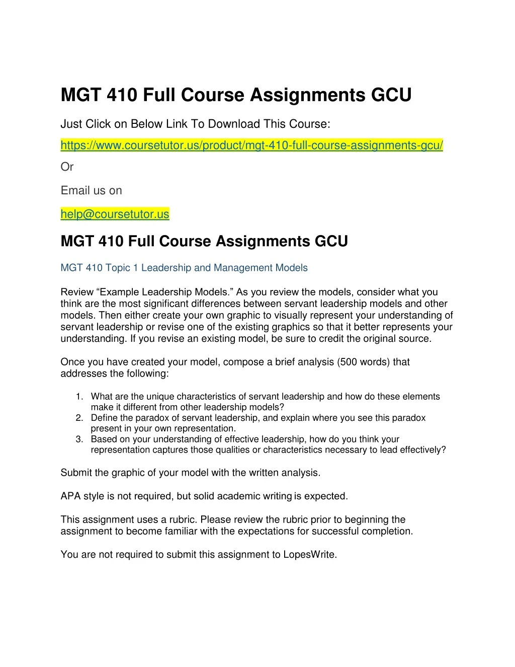 mgt 410 full course assignments gcu