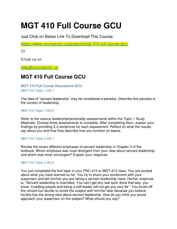 MGT 410 Full Course GCU