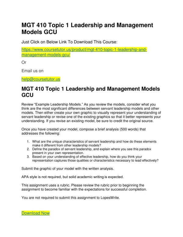 MGT 410 Topic 1 Leadership and Management Models GCU