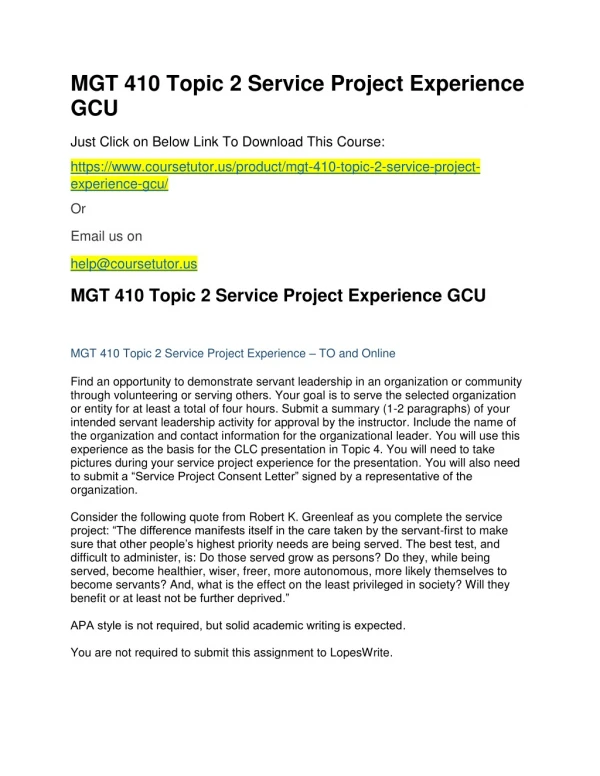 MGT 410 Topic 2 Service Project Experience GCU