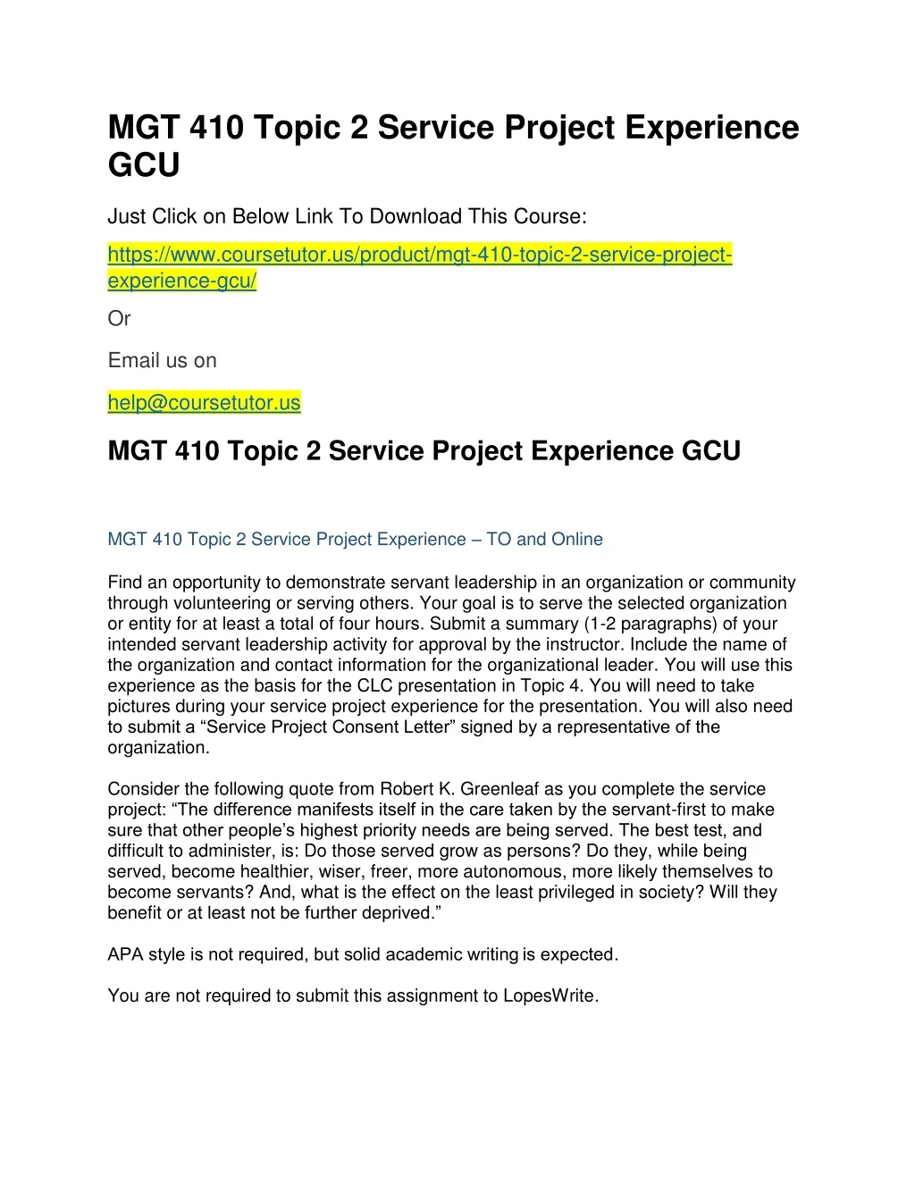 mgt 410 topic 2 service project experience gcu