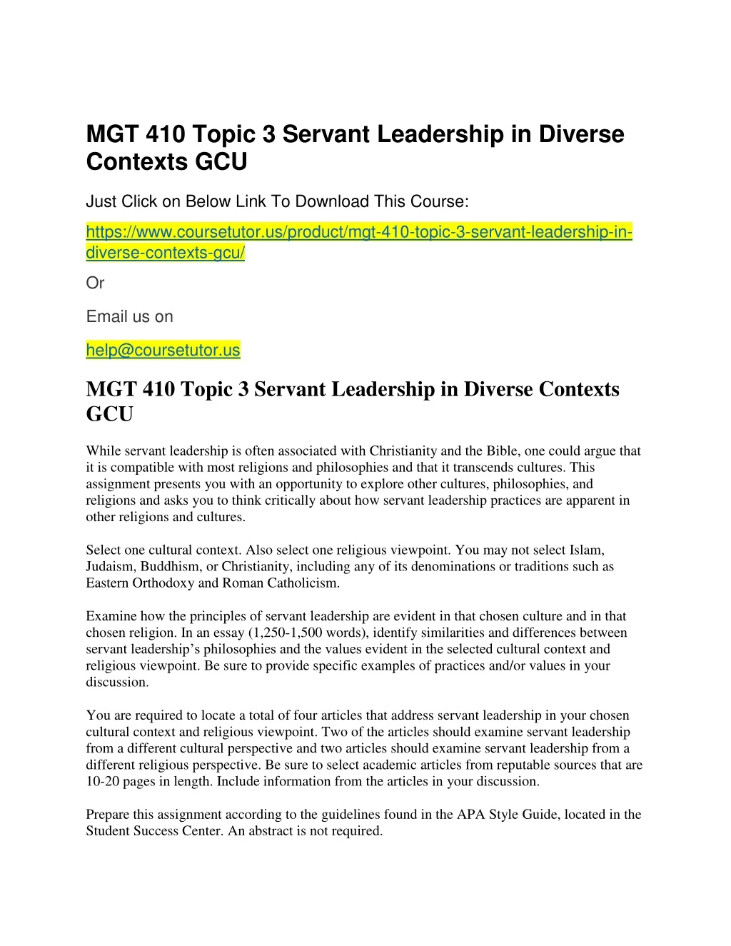 mgt 410 topic 3 servant leadership in diverse