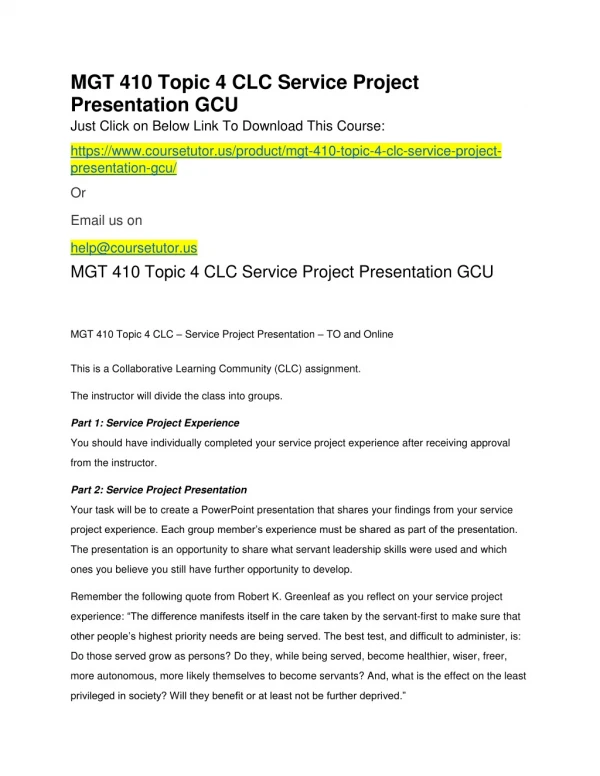 MGT 410 Topic 4 CLC Service Project Presentation GCU