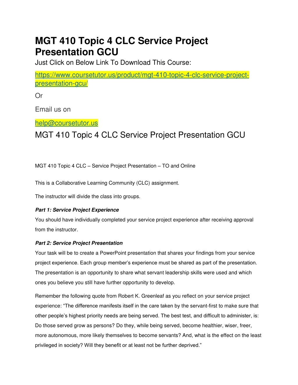 mgt 410 topic 4 clc service project presentation