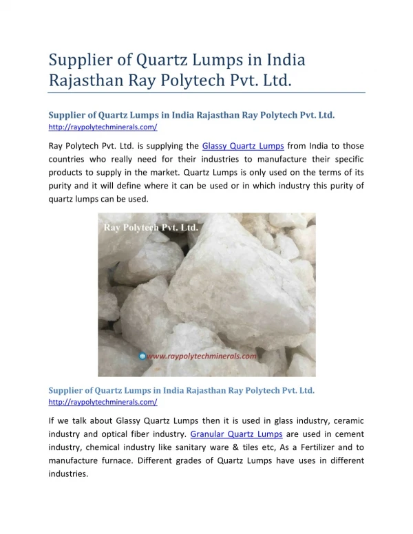 Supplier of Quartz Lumps in India Rajasthan Ray Polytech Pvt. Ltd.