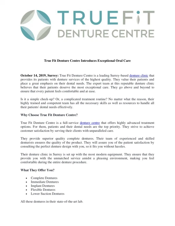 True Fit Denture Centre Introduces Exceptional Oral Care