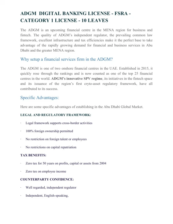 ADGM Digital Banking License| FSRA| Category 1 License - 10 Leaves