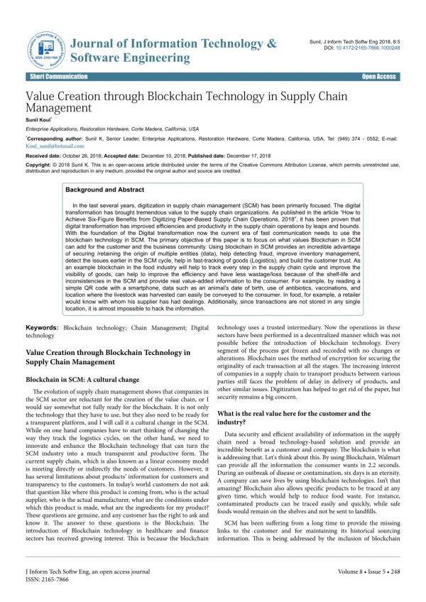 Value Creation through Blockchain Technology in Supply Chain Management