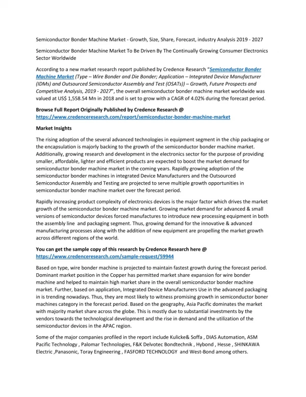 Semiconductor Bonder Machine Market To Be Driven By The Continually Growing Consumer Electronics Sector Worldwide