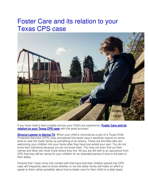 Foster Care and its relation to your Texas CPS case