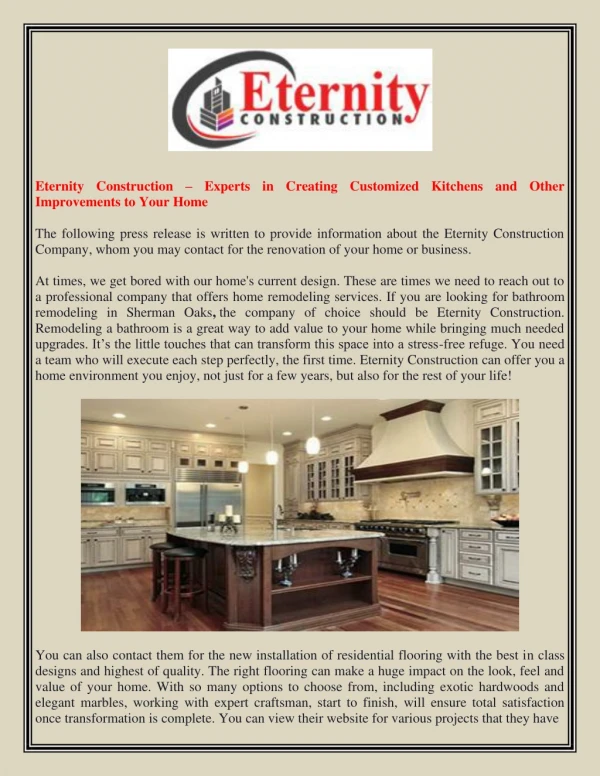 Eternity Construction – Experts in Creating Customized Kitchens and Other Improvements to Your Home