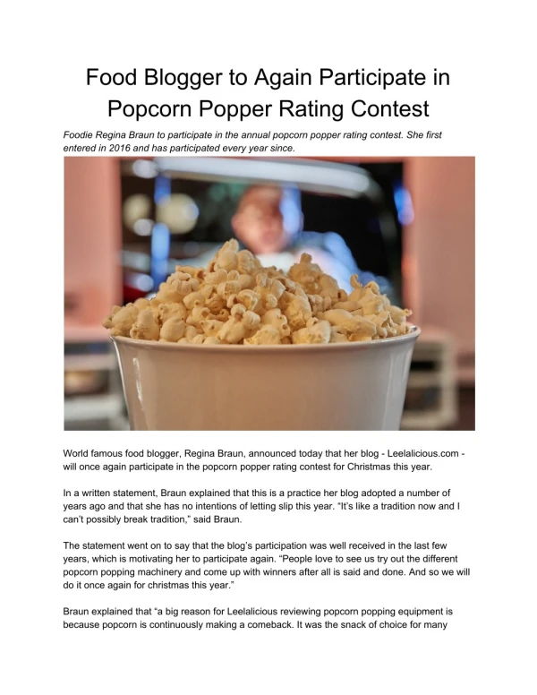Food Blogger to Again Participate in Popcorn Popper Rating Contest