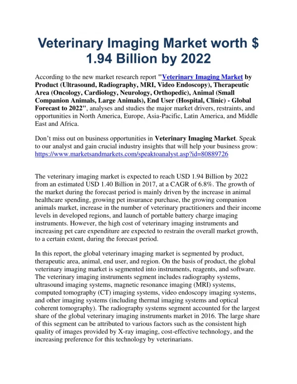 Veterinary Imaging Market worth $ 1.94 Billion by 2022