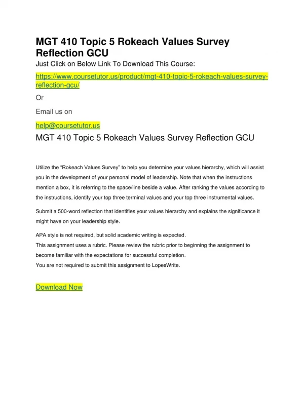 MGT 410 Topic 5 Rokeach Values Survey Reflection GCU