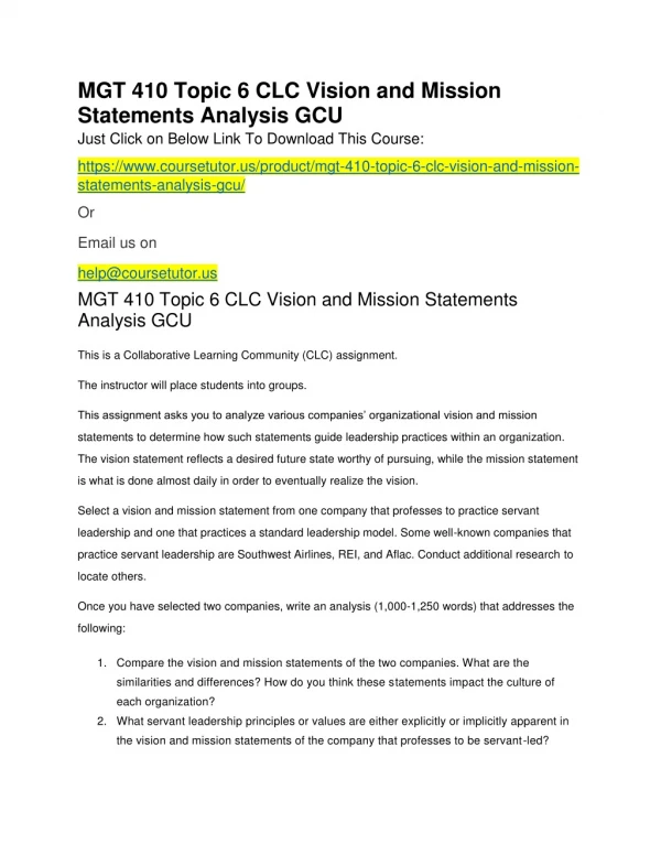 mgt 410 topic 6 clc vision and mission statements