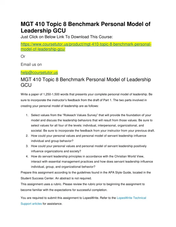 MGT 410 Topic 8 Benchmark Personal Model of Leadership GCU