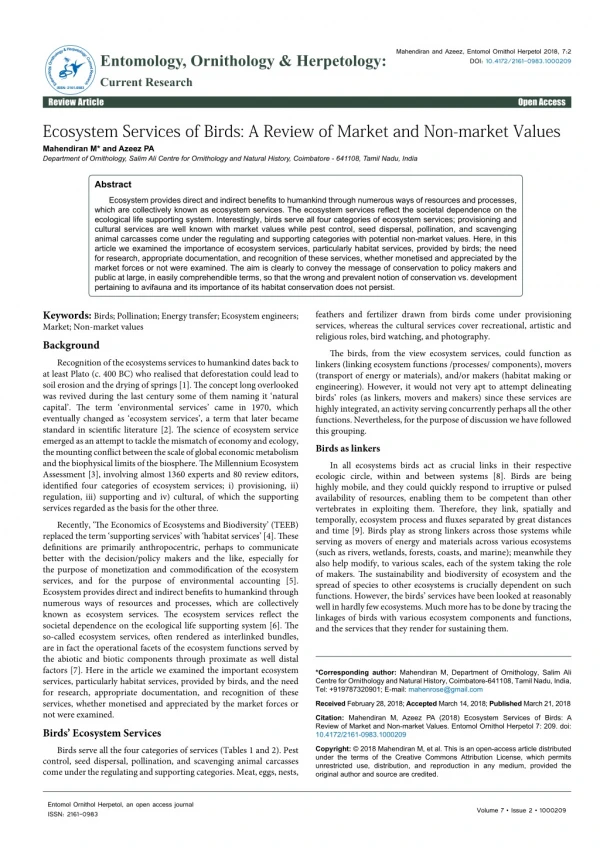 Ecosystem Services of Birds: A Review of Market and Non-market Values