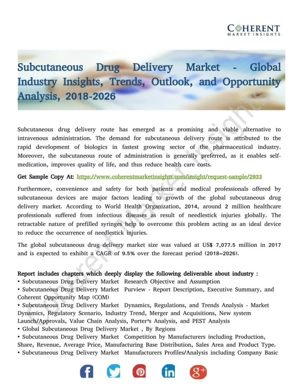 Subcutaneous Drug Delivery Market - Global Industry Insights, Trends, Outlook, and Opportunity Analysis, 2018-2026