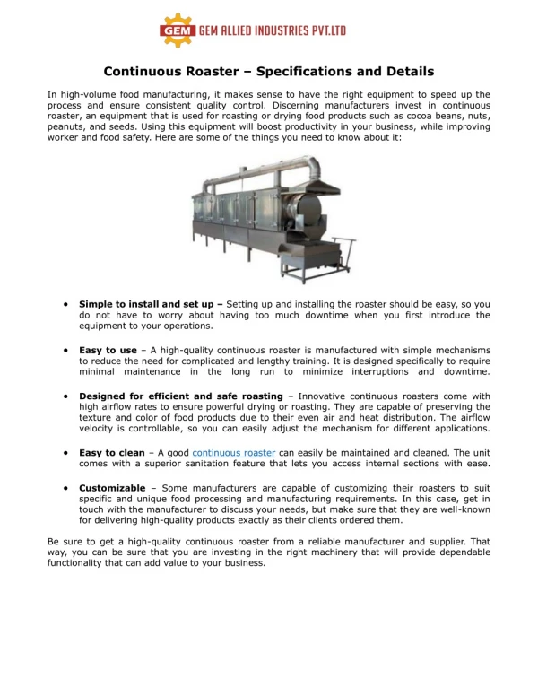 Continuous Roaster – Specifications and Details