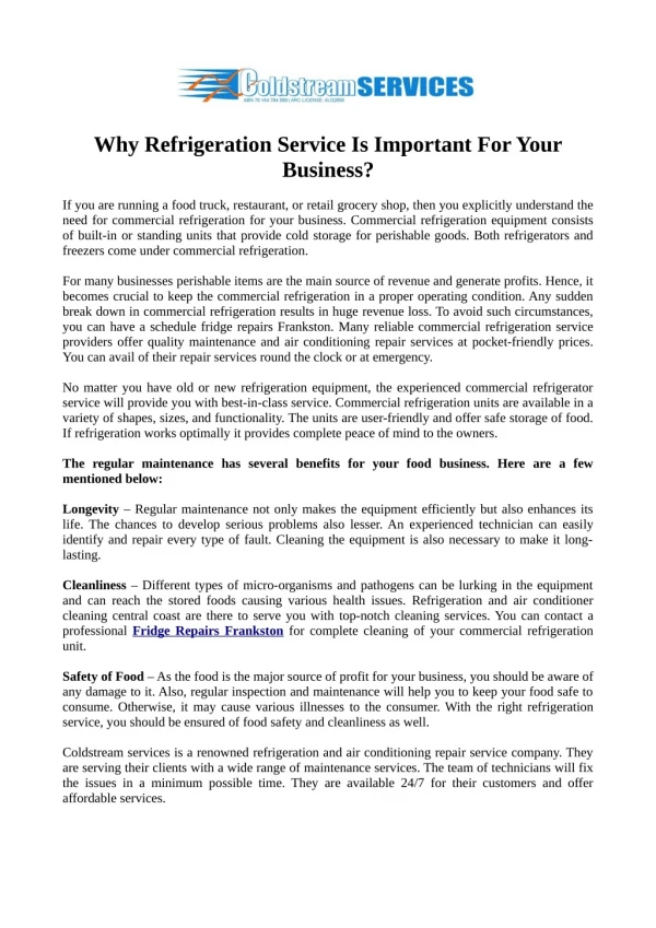 Why Refrigeration Service Is Important For Your Business?