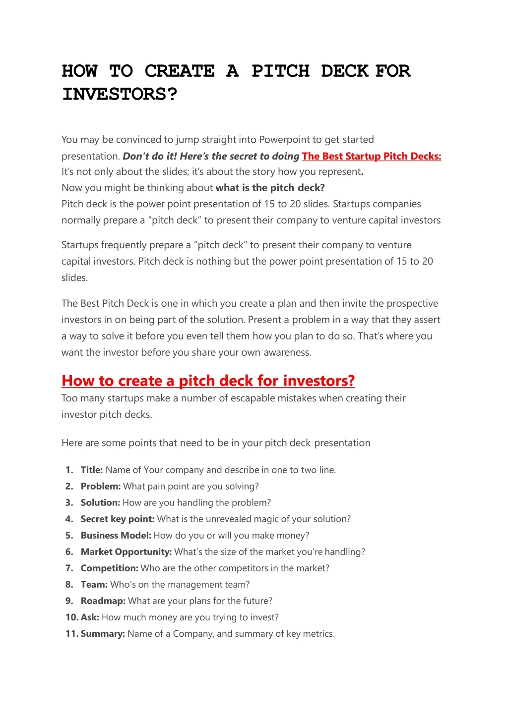how to create a pitch deck for investors