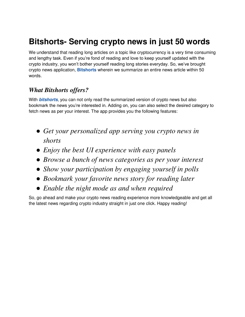 bitshorts serving crypto news in just 50 words