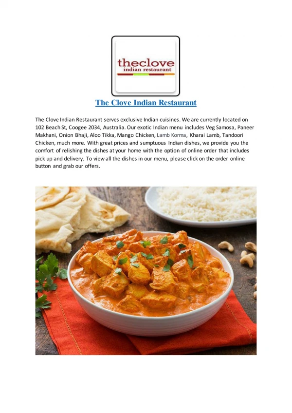 The Clove Indian Restaurant-Coogee - Order Food Online