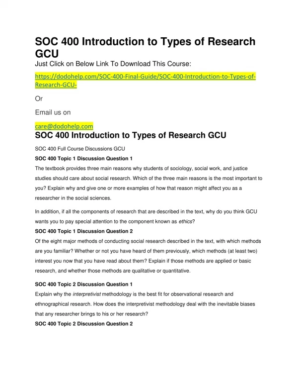 SOC 400 Introduction to Types of Research GCU