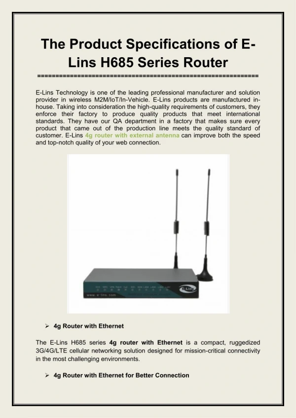 The Product Specifications of E-Lins H685 Series Router