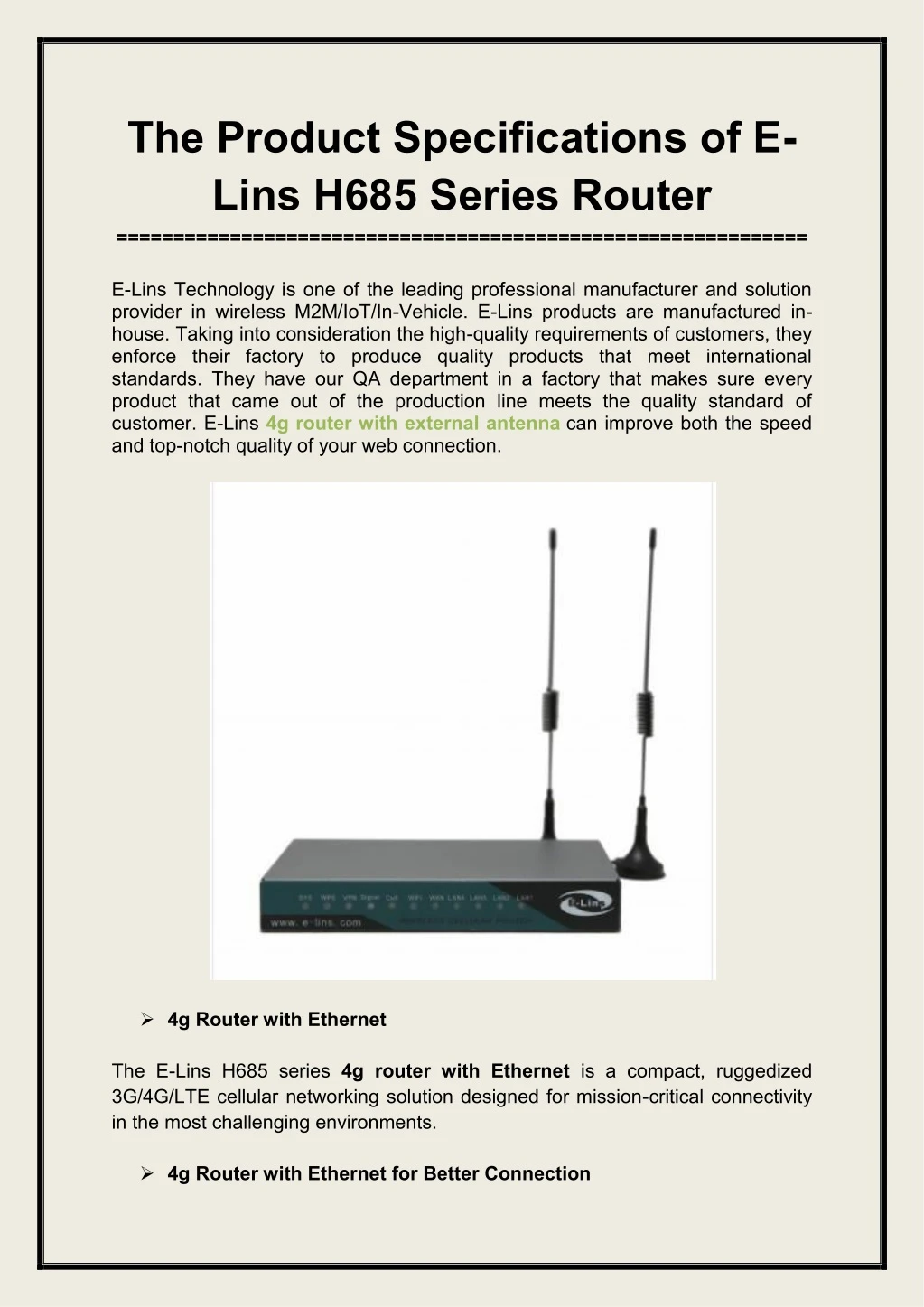 the product specifications of e lins h685 series