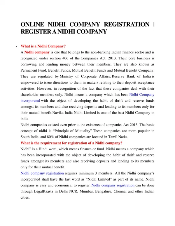 ONLINE NIDHI COMPANY REGISTRATION | REGISTER A NIDHI COMPANY