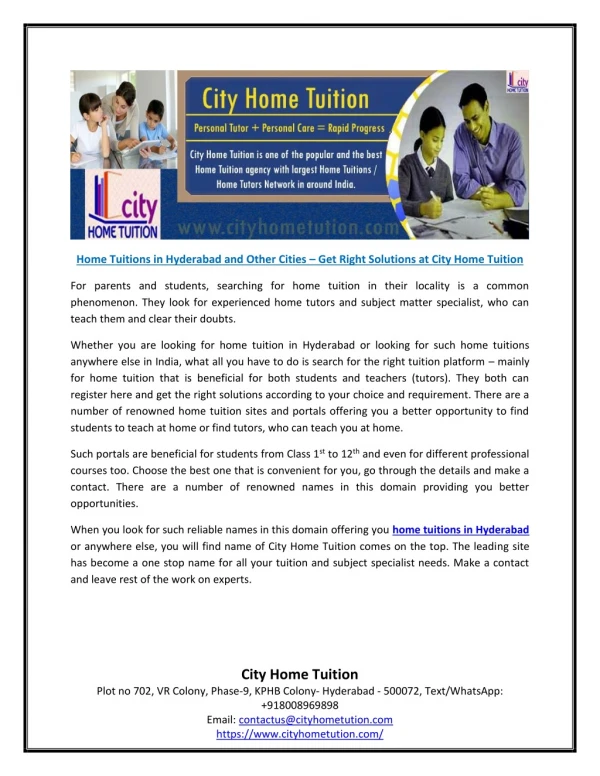 Home Tuitions in Hyderabad and Other Cities – Get Right Solutions at City Home Tuition