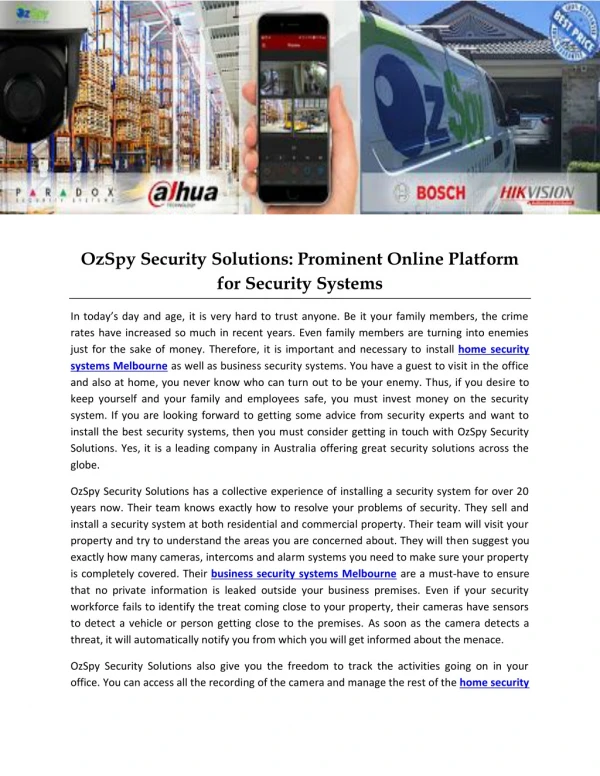 OzSpy Security Solutions: Prominent Online Platform for Security Systems