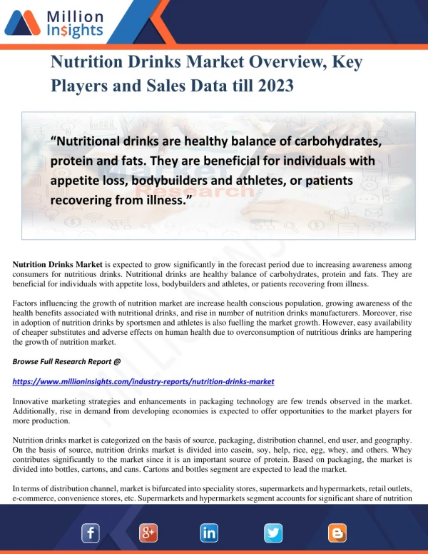 Nutrition Drinks Market Overview, Key Players and Sales Data till 2023