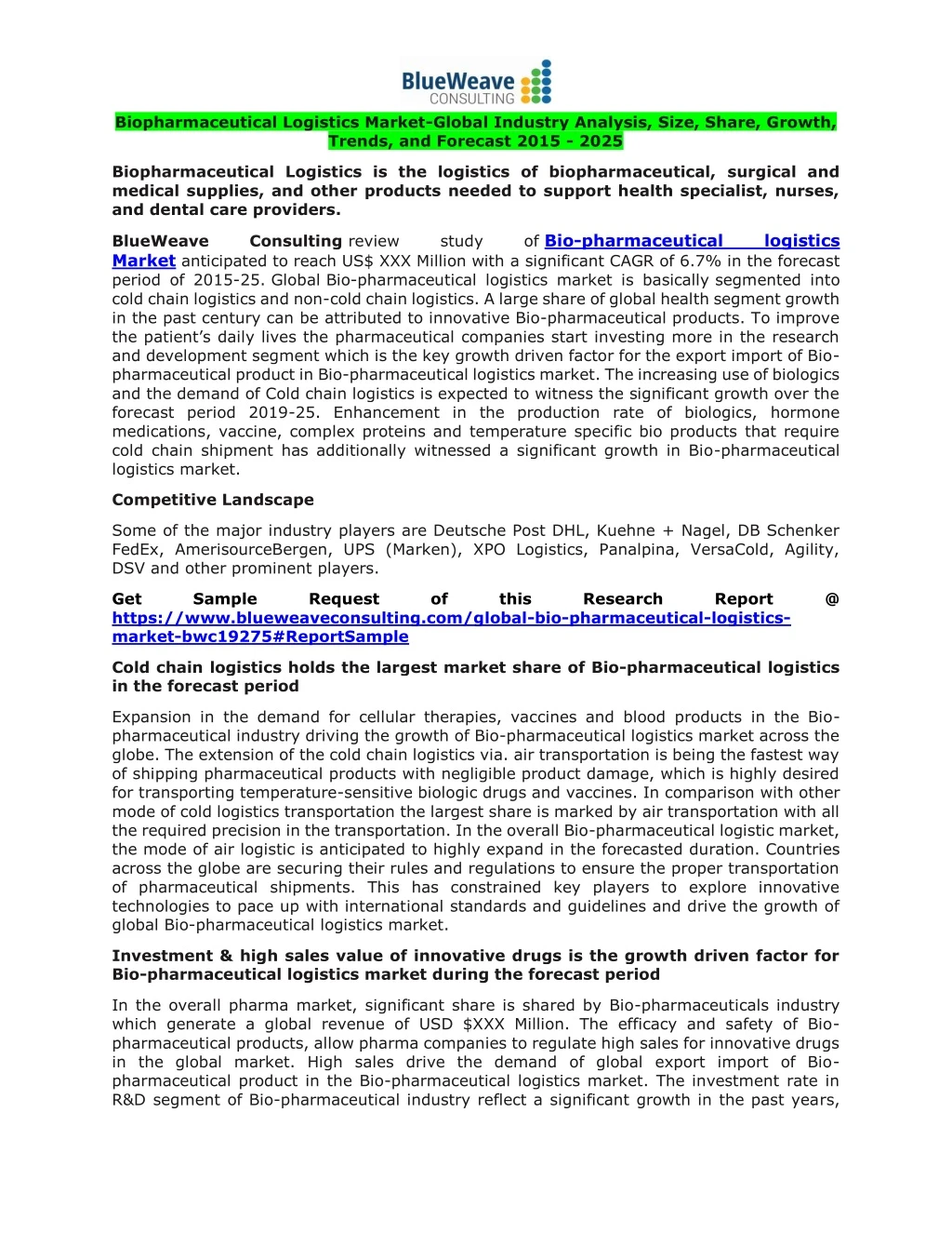 biopharmaceutical logistics market global