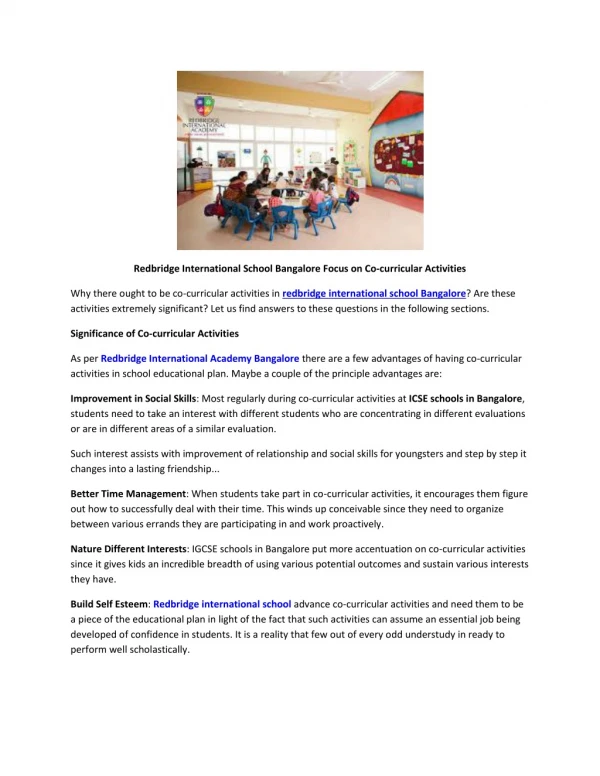 Redbridge International School Bangalore Focus on Co-curricular Activities
