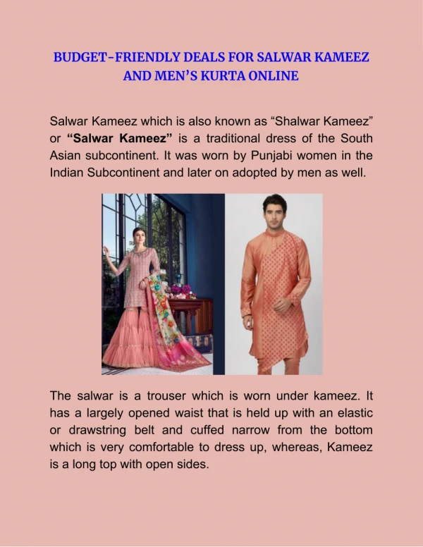Budget-friendly Deals for Salwar Kameez and Men’s Kurta Online