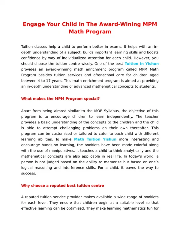 Engage Your Child In The Award-Wining MPM Math Program